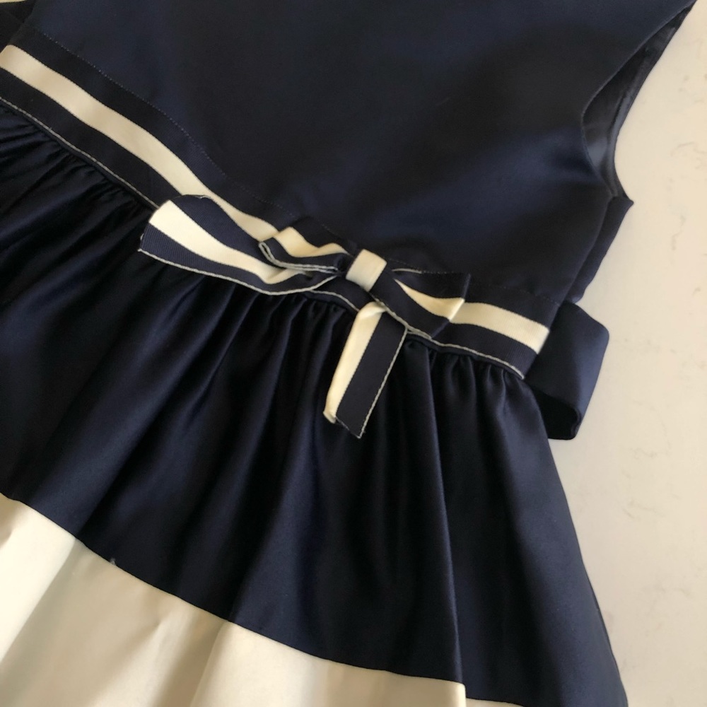 Spring formal dress in navy blue and ivory. Satin